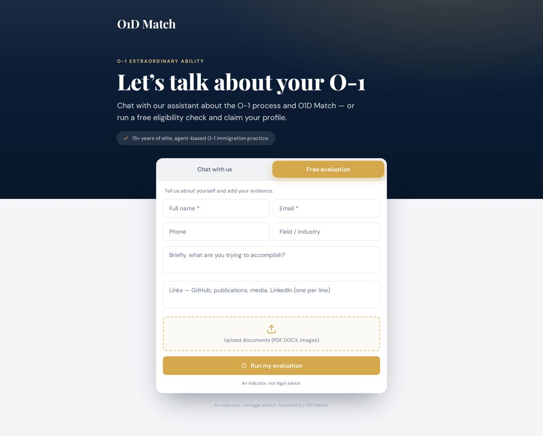 The live evaluation form on check.o1dmatch.com